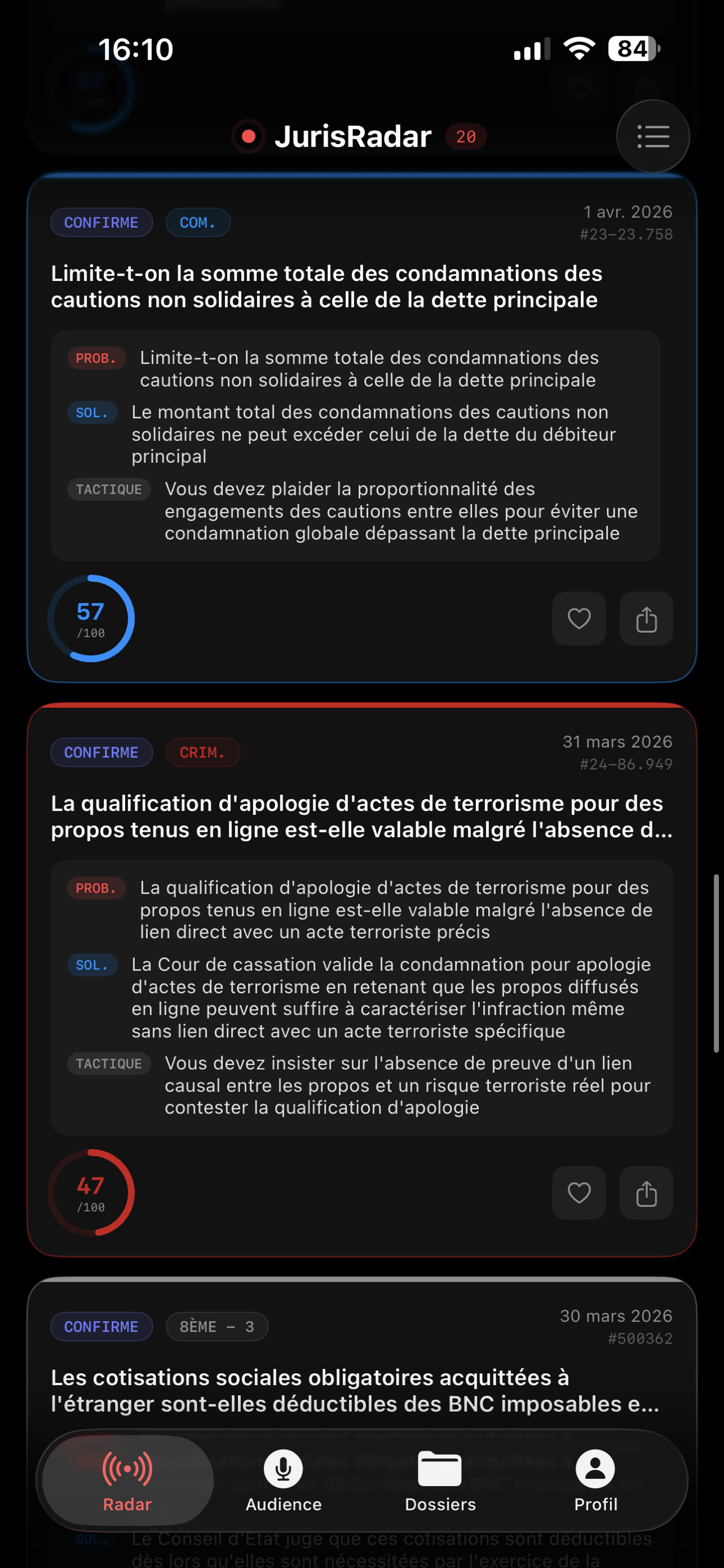 Vue du radar JurisRadar sur iPhone